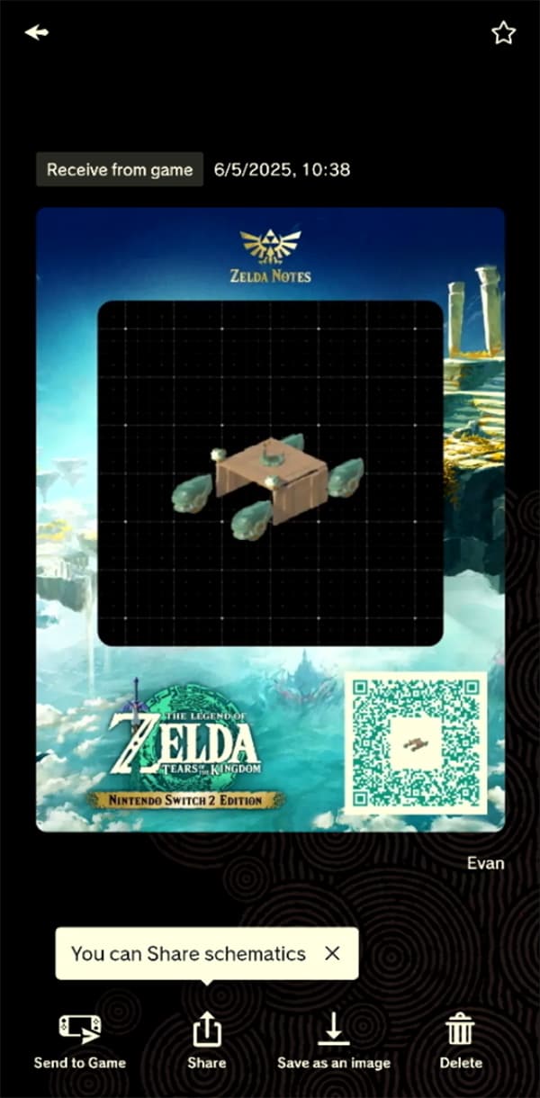 En la pantalla de un celular se muestra cómo puedes compartir esquemas mediante la función “Intercambio de esquemas” del servicio ZELDA NOTES. 