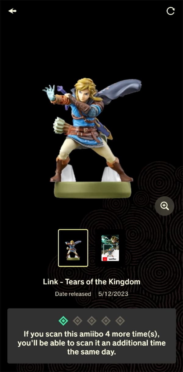 En la pantalla de un celular se muestra la función “amiibo” del servicio ZELDA NOTES en uso. Muestra la figura amiibo de un jugador.